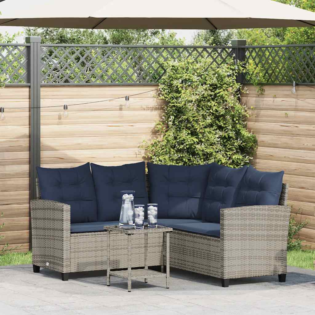 Divano da Giardino con Tavolo e Cuscini a L Grigio Polyrattan | homemem39