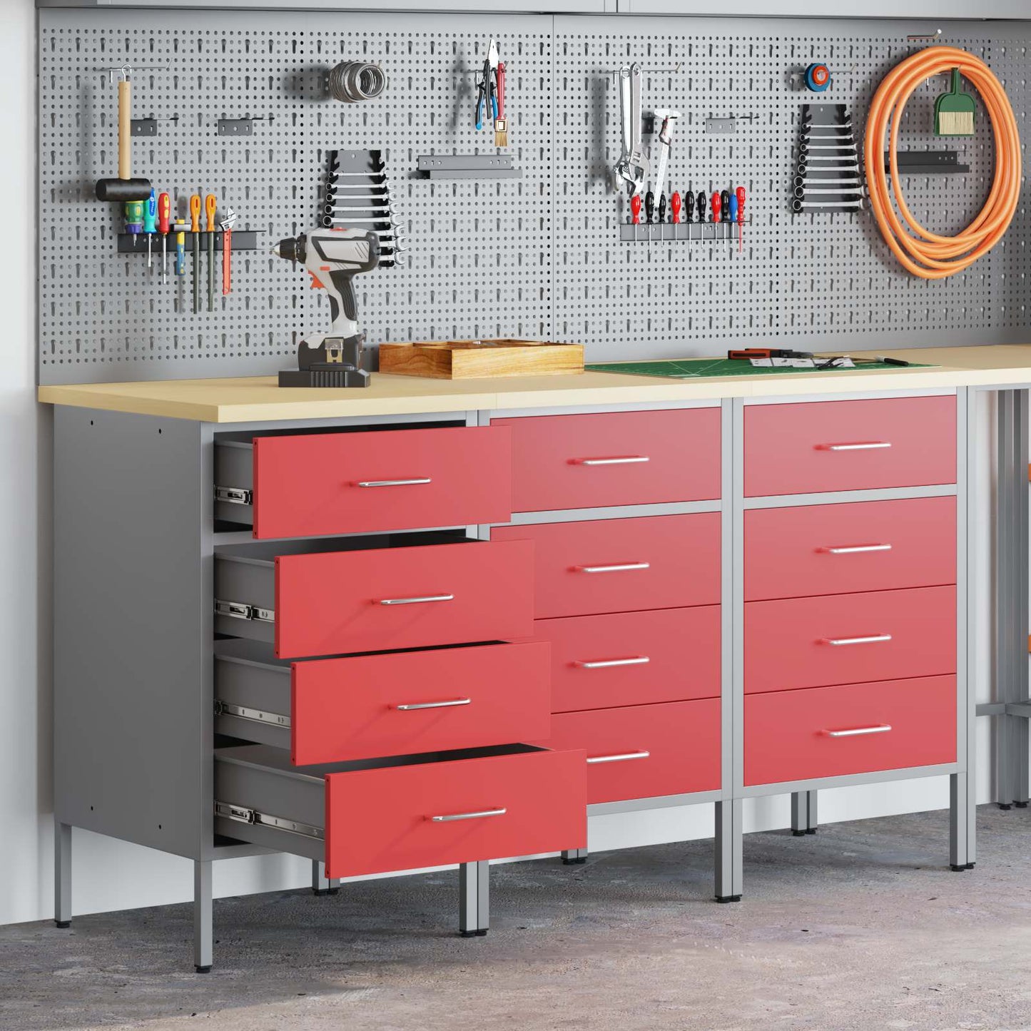 Mobile da lavoro 3 pcs Rosso e Grigio 150 x 55 x 85 cm | homemem39
