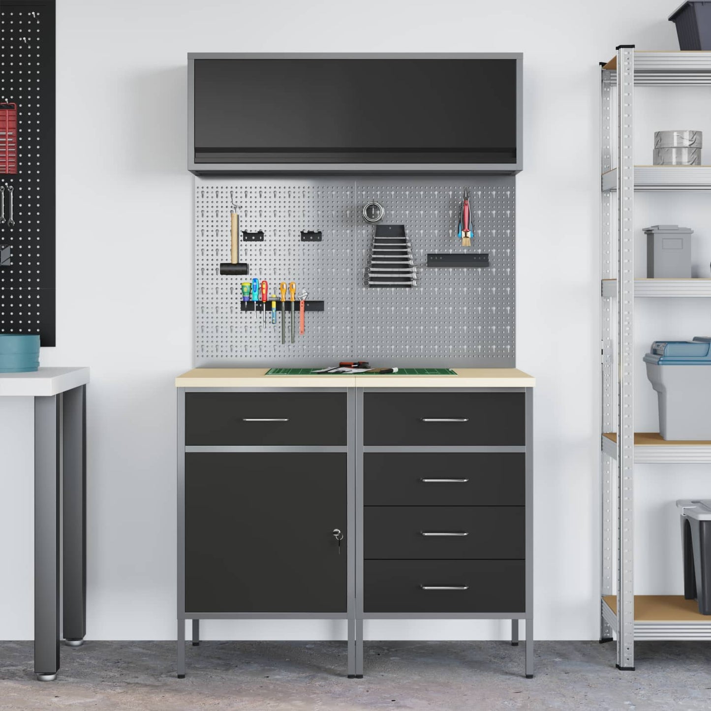 Set di mobili da lavoro con cassetto con lo scaffale 5 pcs Nero | homemem39