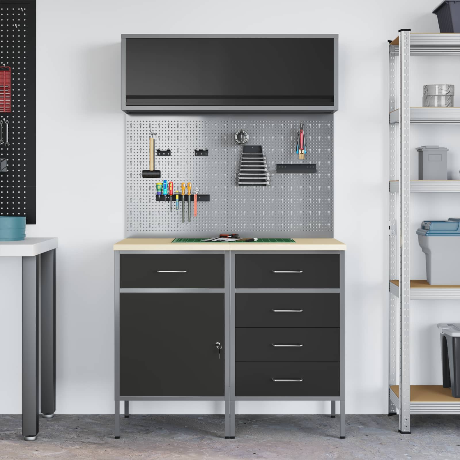 Set di mobili da lavoro con cassetto con lo scaffale 5 pcs Nero | homemem39