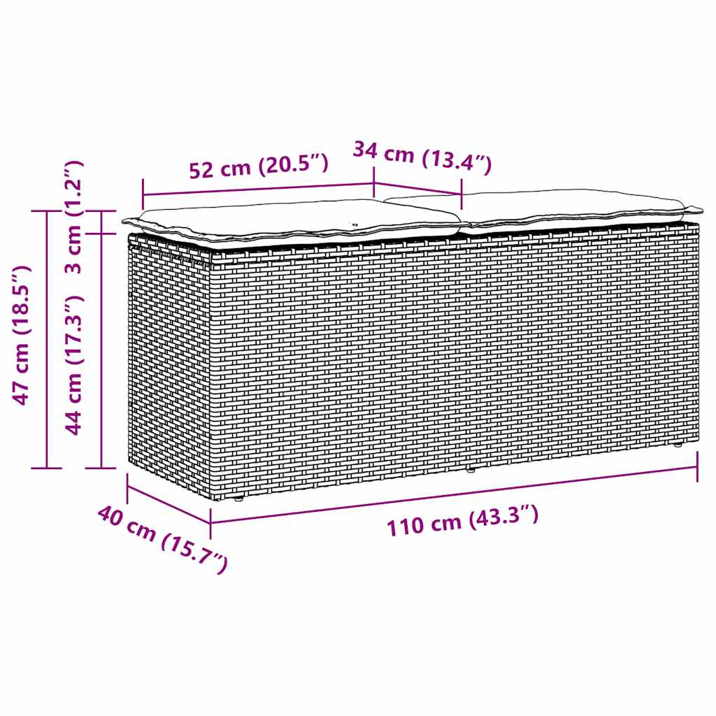 Panca da Giardino con Cuscino Nera 110x40x44 cm in Polyrattan