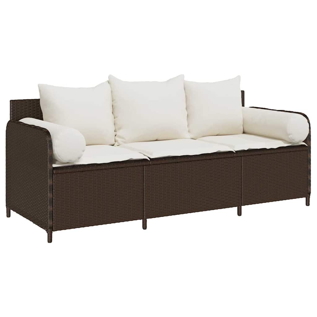 Divano da Giardino a 3 Posti con Cuscini in Polyrattan Marrone | homemem39
