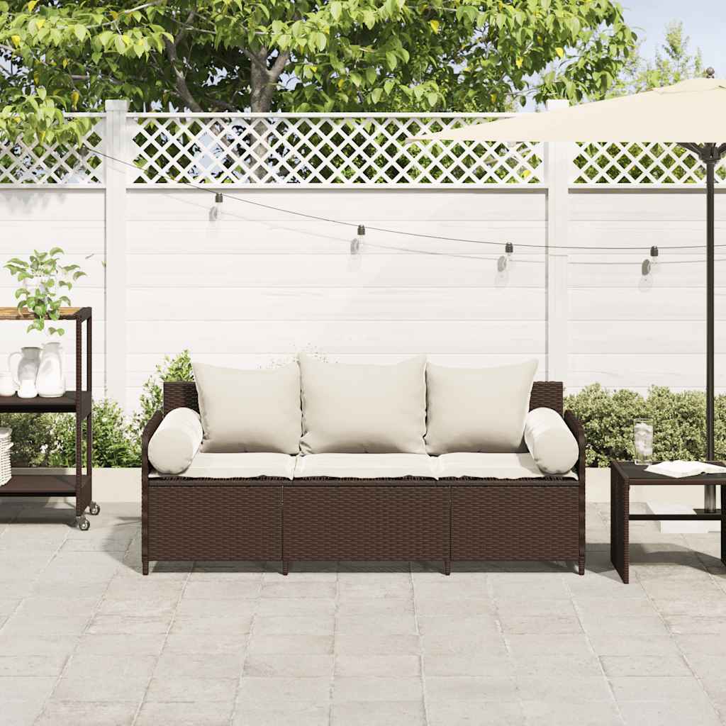 Divano da Giardino a 3 Posti con Cuscini in Polyrattan Marrone | homemem39