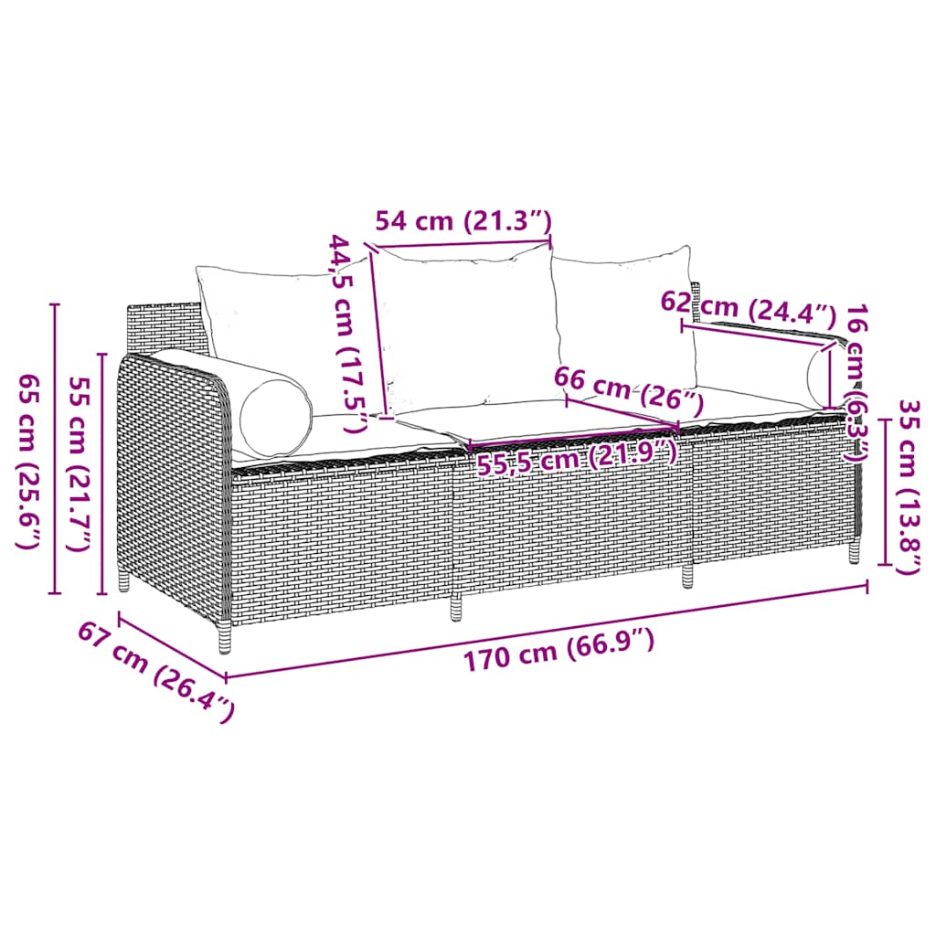 Divano da Giardino a 3 Posti con Cuscini in Polyrattan Marrone | homemem39