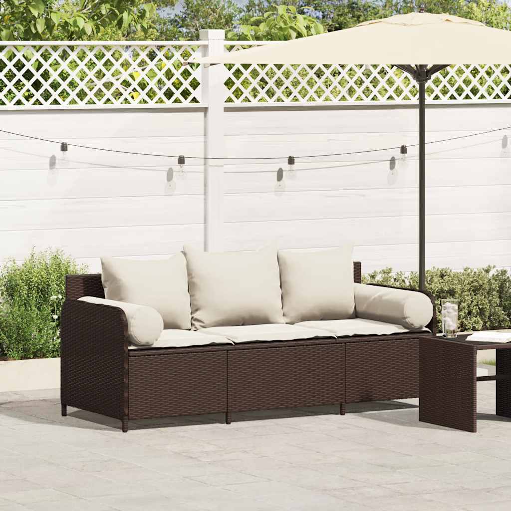 Divano da Giardino a 3 Posti con Cuscini in Polyrattan Marrone | homemem39