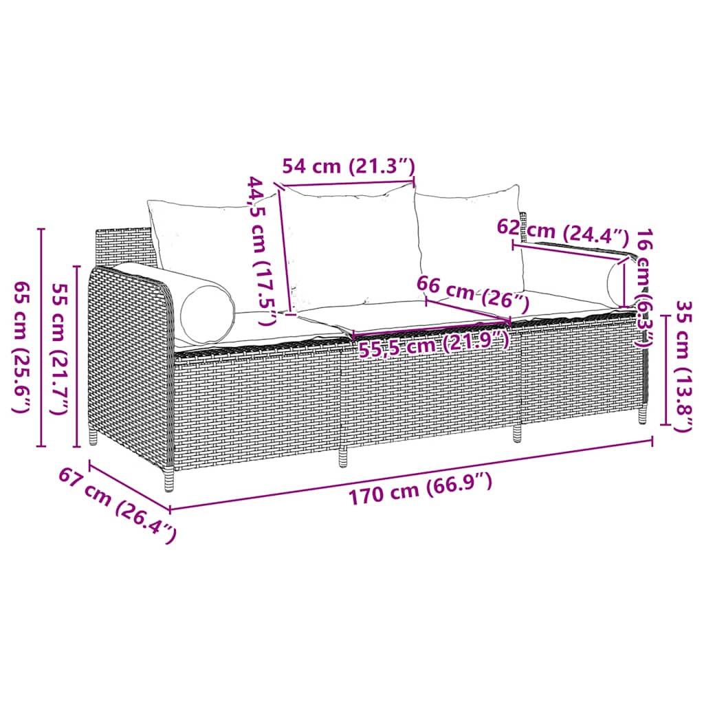 Divano da Giardino con Cuscini 3 Posti Grigio in Polyrattan | homemem39