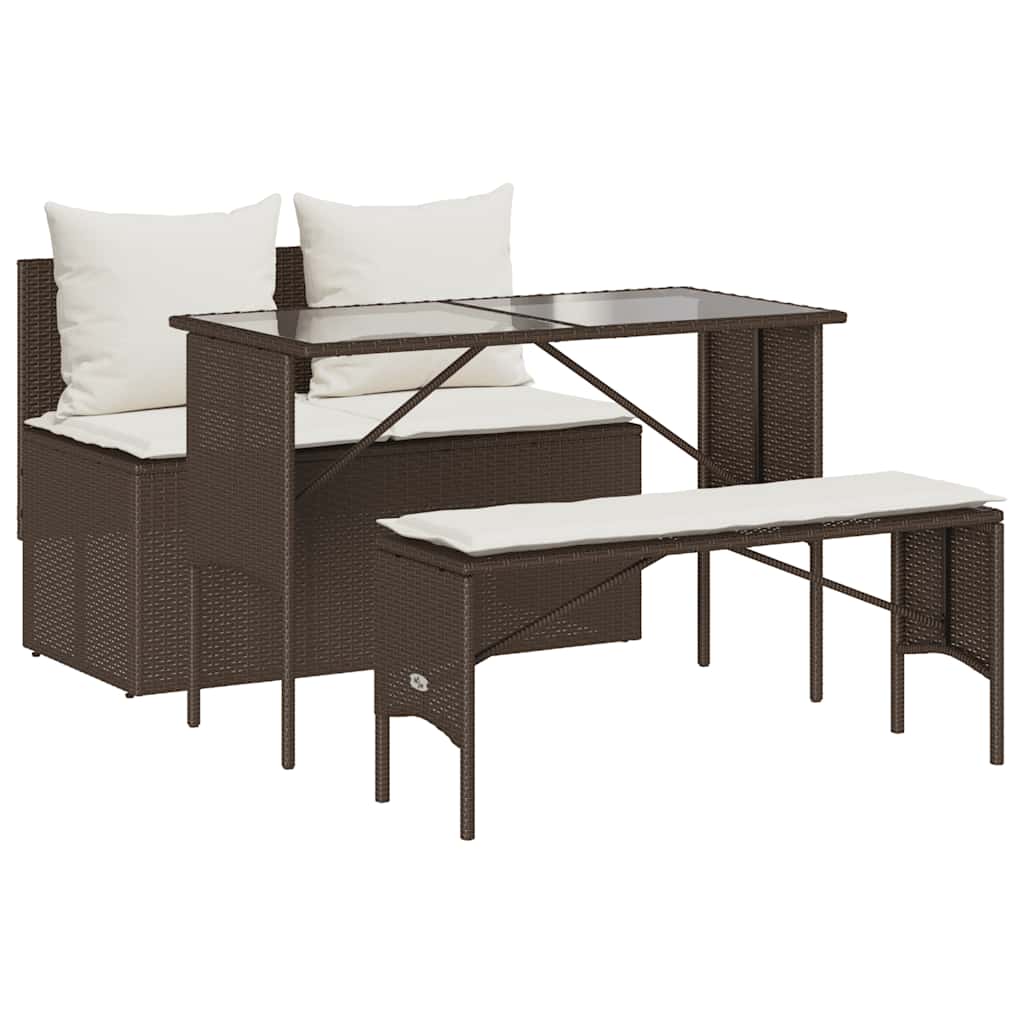 Set da Pranzo da Giardino 3pz con Cuscini in Polyrattan Marrone | homemem39