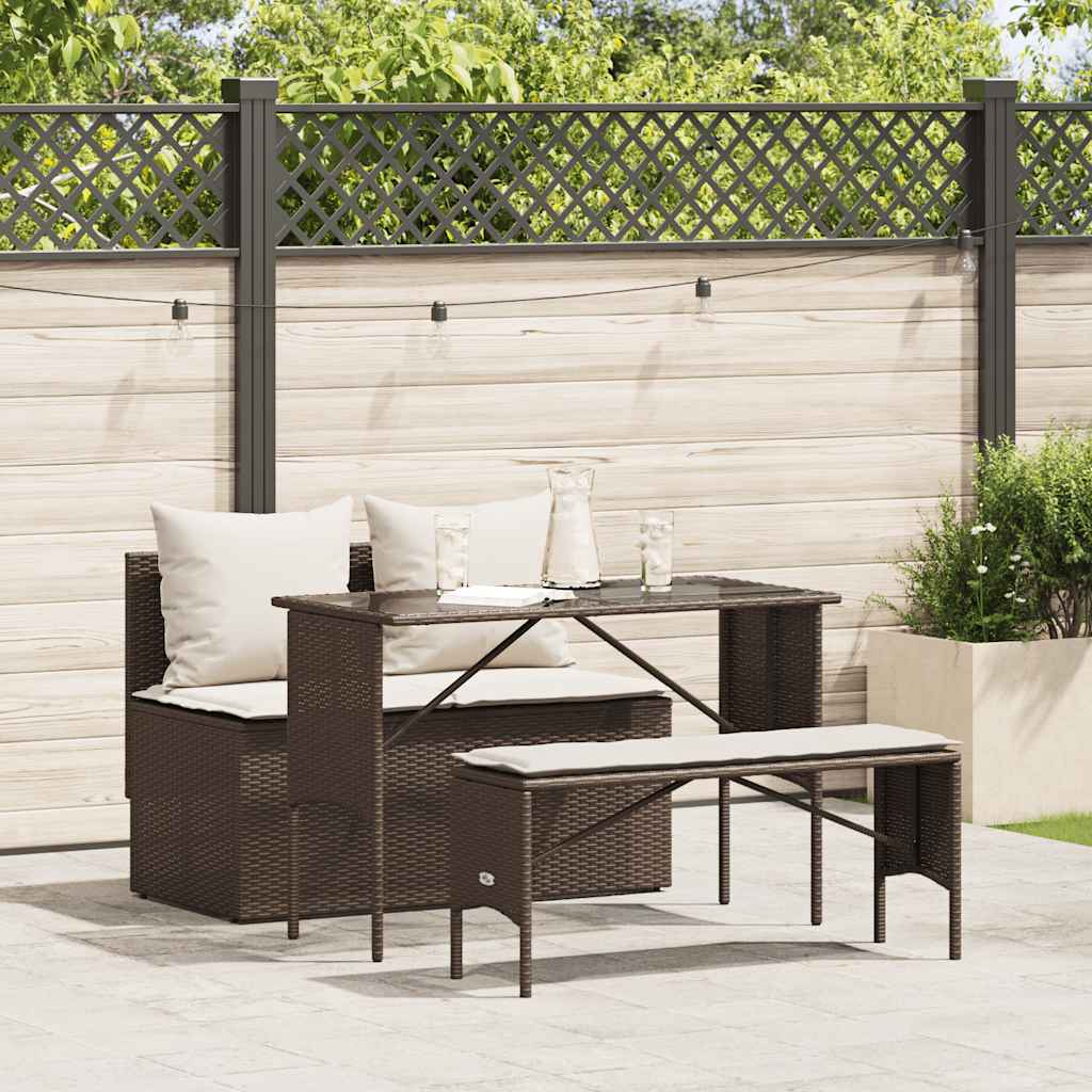 Set da Pranzo da Giardino 3pz con Cuscini in Polyrattan Marrone | homemem39