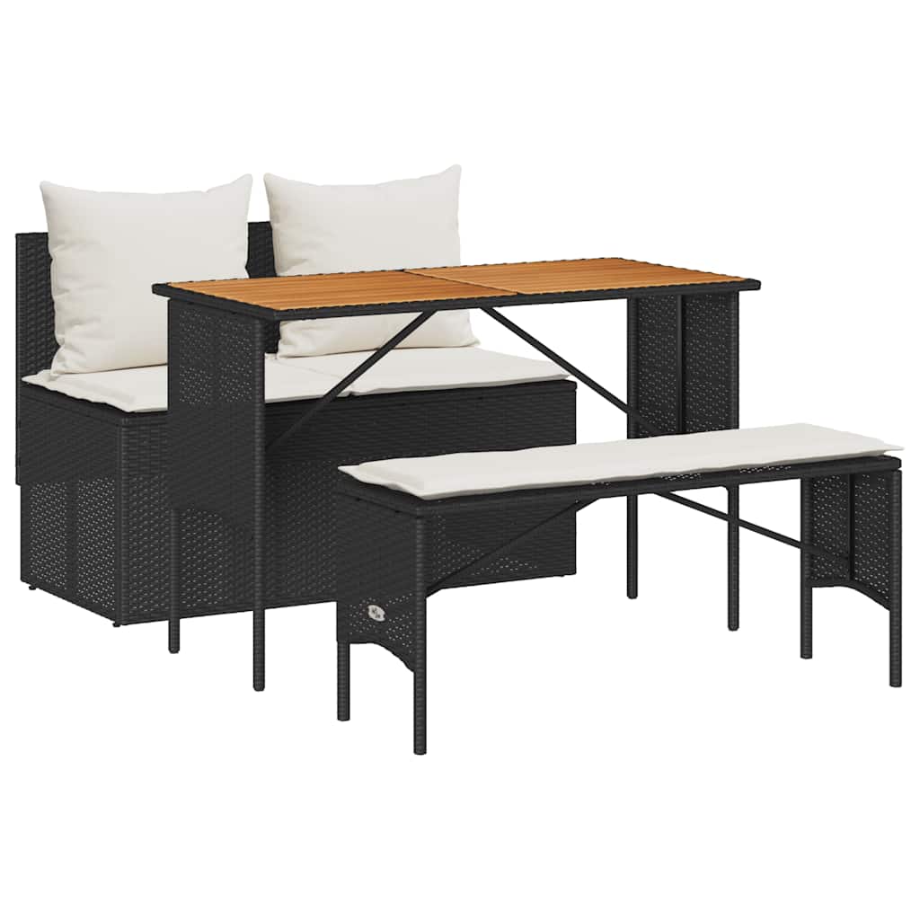Set da Pranzo da Giardino 3 pz con Cuscini Nero in Polyrattan
