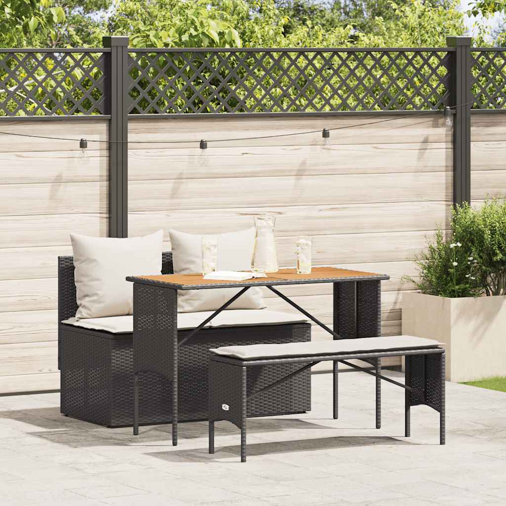 Set da Pranzo da Giardino 3 pz con Cuscini Nero in Polyrattan