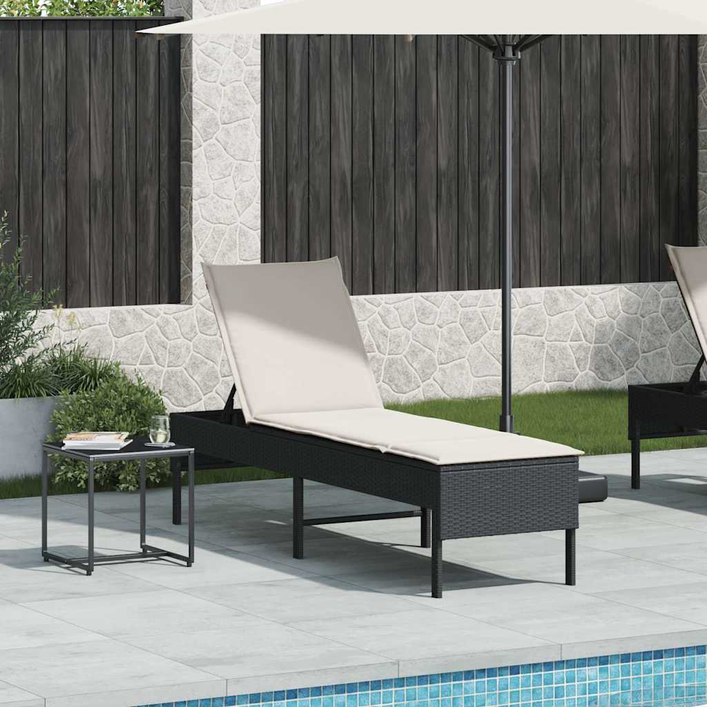 Lettino Prendisole con Cuscino Nero 55x200x44 cm in Polyrattan