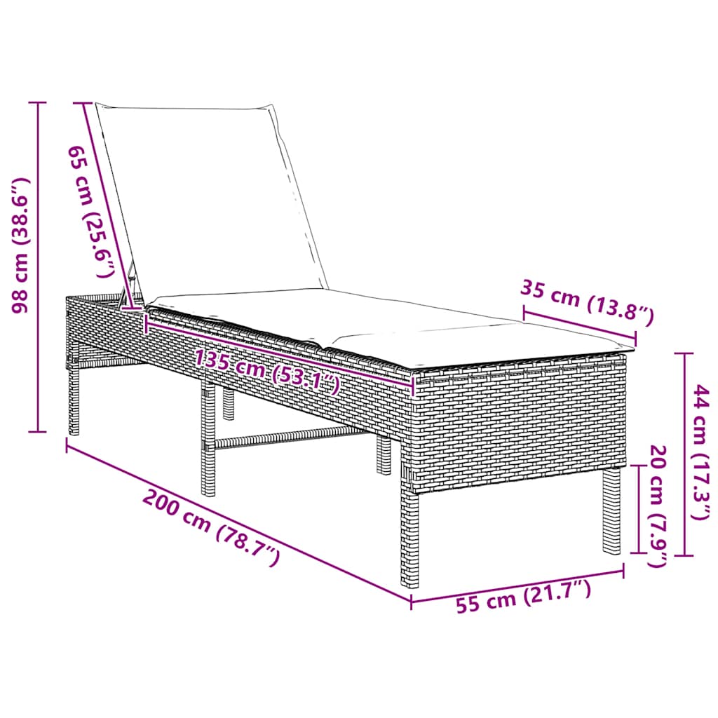 Lettino Prendisole con Cuscino Marrone 55x200x44 cm Polyrattan