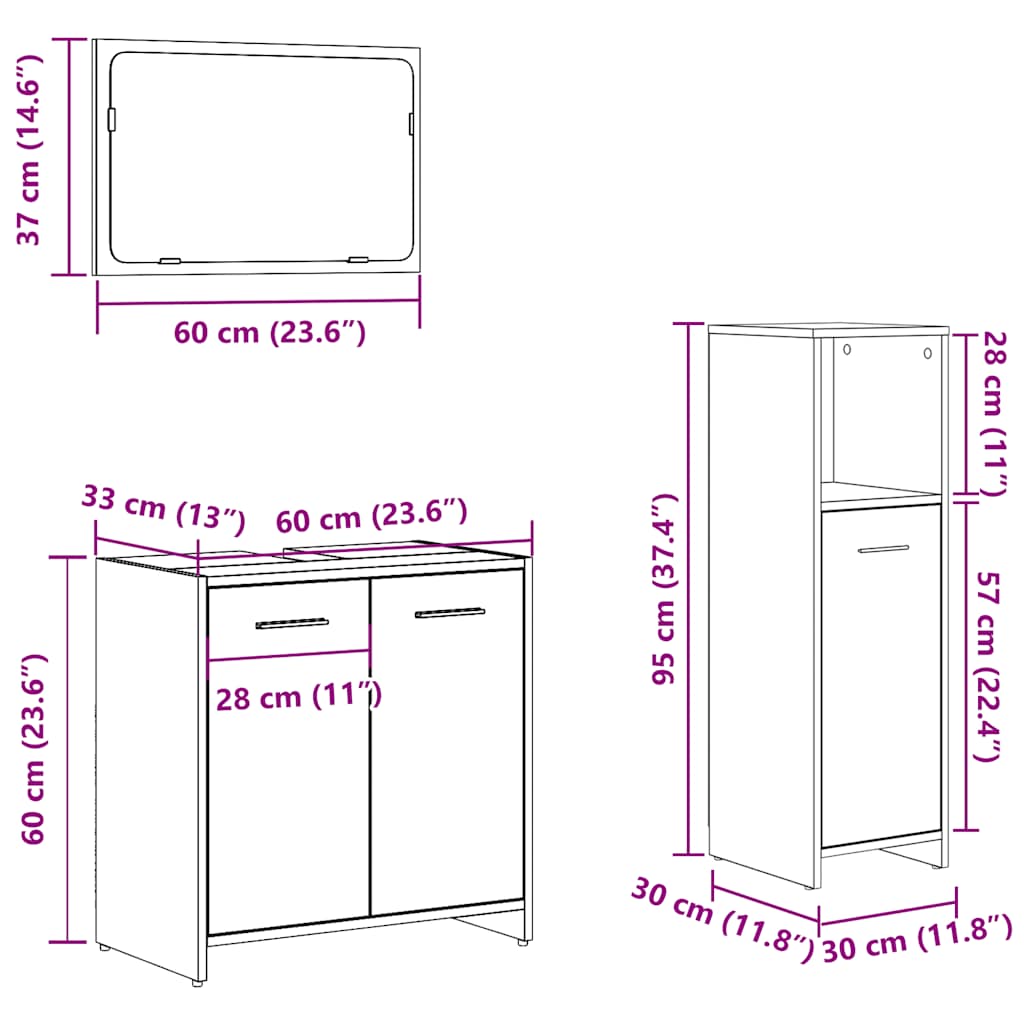 Set Mobili da Bagno 3 pz Grigio Cemento in Legno Multistrato | homemem39