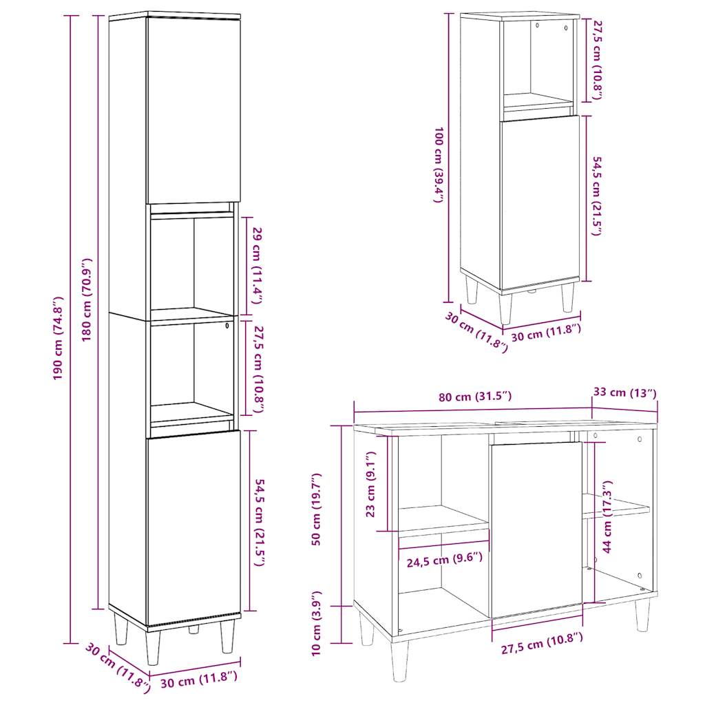 Set Mobili da Bagno 3 pz Grigio Cemento in Legno Multistrato | homemem39