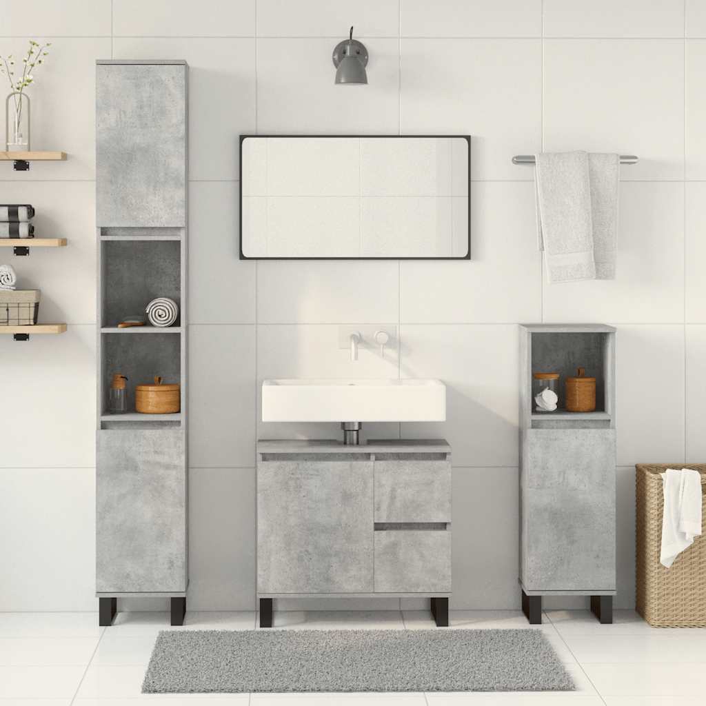 Set Mobili da Bagno 3 pz Grigio Cemento in Legno Multistrato