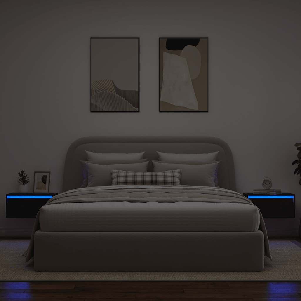 Comodini a Parete con Luci LED 2 pz Rovere Neri - homemem39