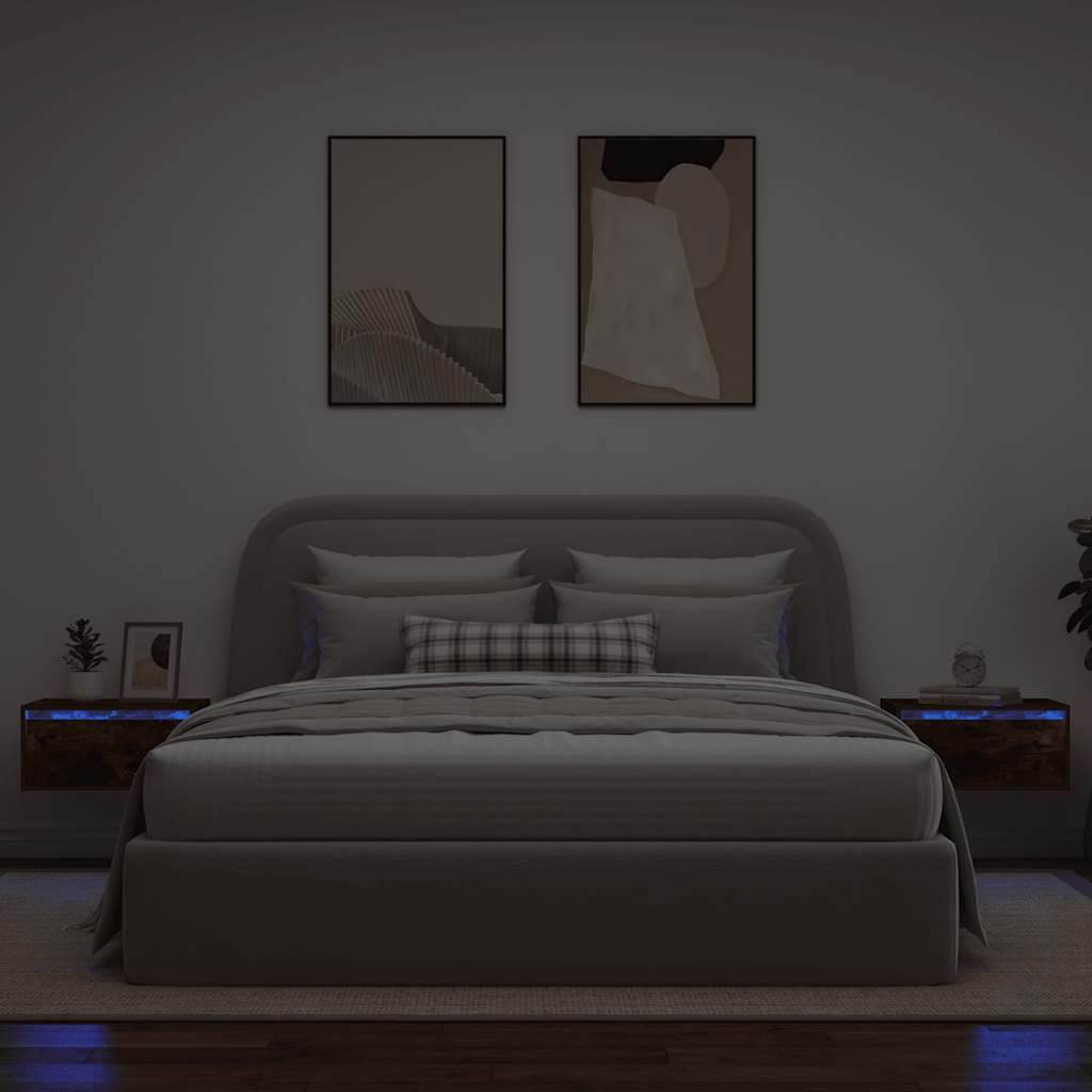 Comodini a Parete con luci LED 2 pz Rovere Fumo - homemem39