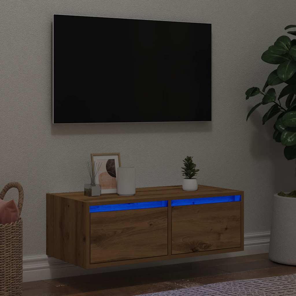Mobile Porta TV con Luci LED Rovere Artigianale 75x35,5x25 cm - homemem39