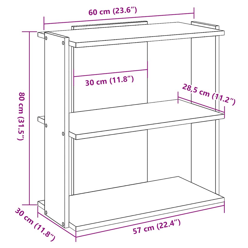 Libreria a 3 Ripiani Rovere 60x30x80 cm Legno Multistrato | homemem39