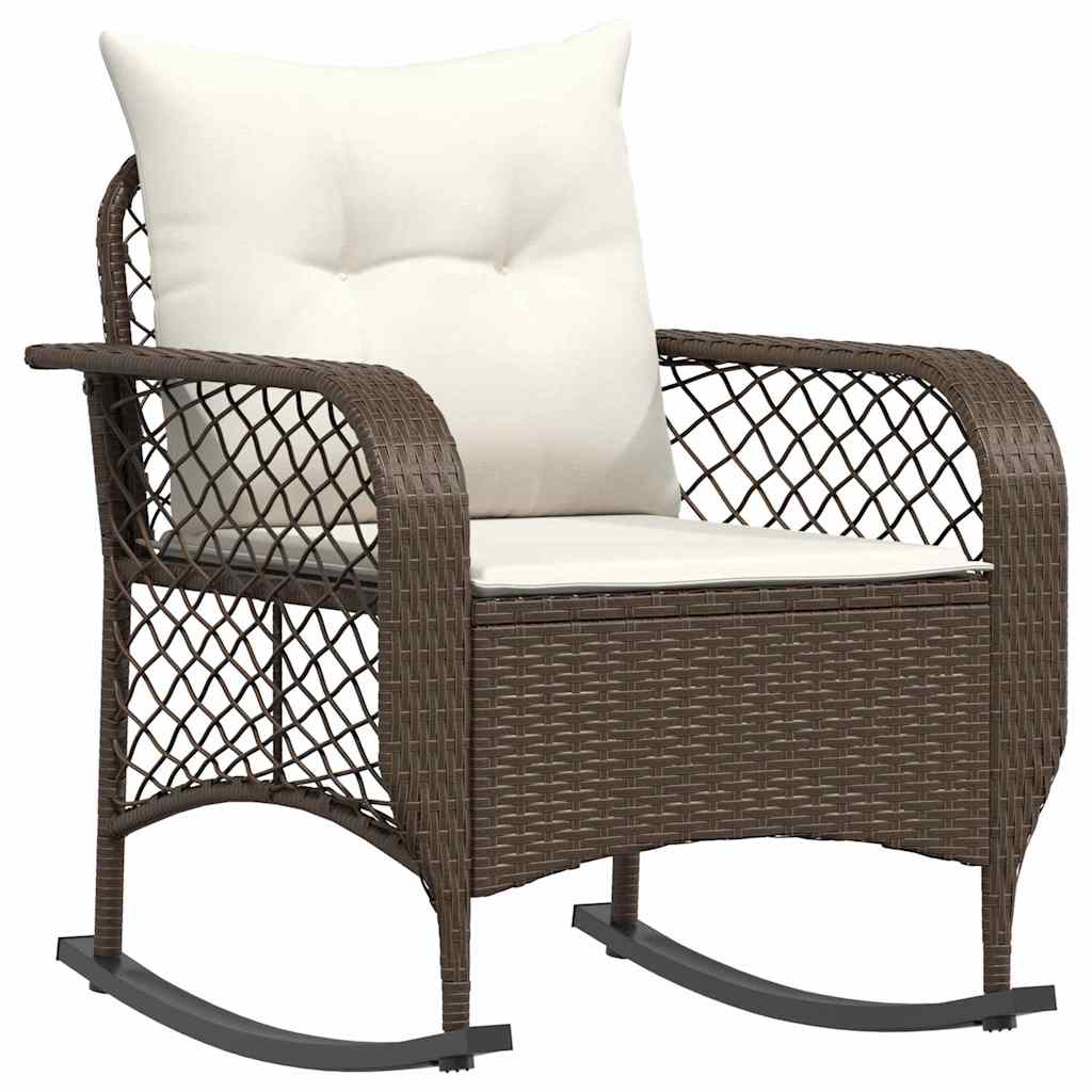 Sedia a Dondolo da Giardino con Cuscini in Polyrattan Marrone