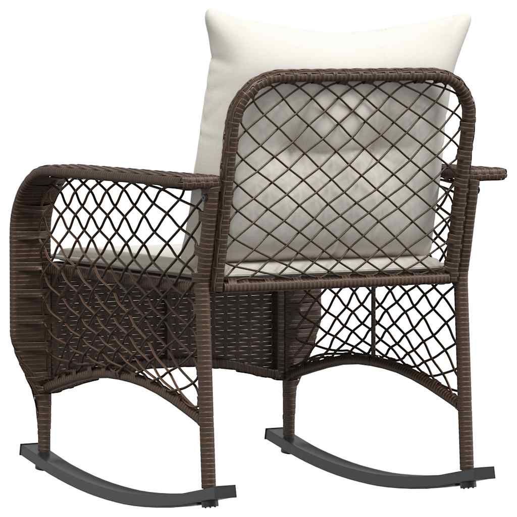 Sedia a Dondolo da Giardino con Cuscini in Polyrattan Marrone