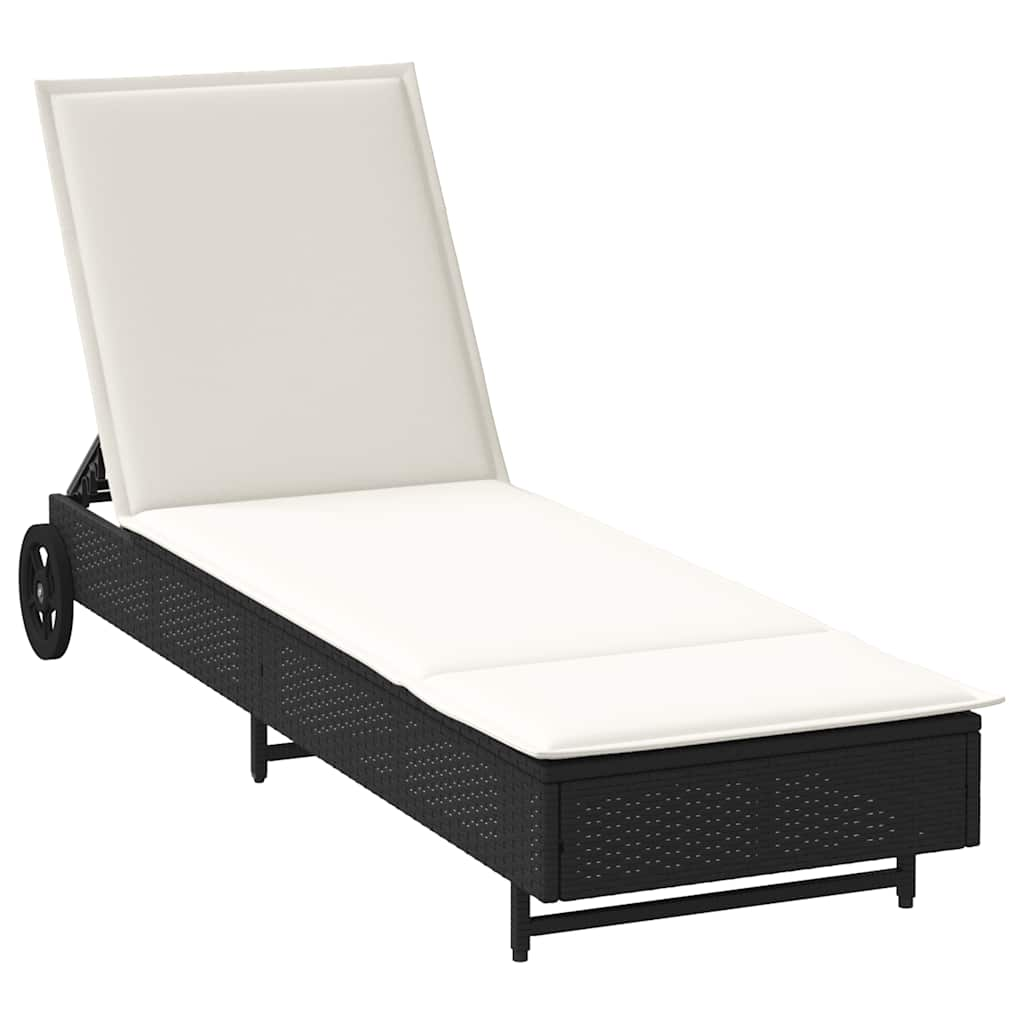 Lettino Prendisole con Ruote e Cuscino in Polyrattan Nero - homemem39