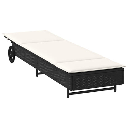 Lettino Prendisole con Ruote e Cuscino in Polyrattan Nero - homemem39