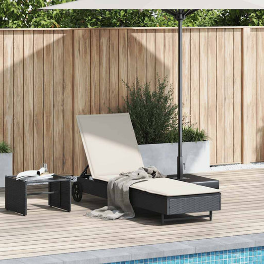 Lettino Prendisole con Ruote e Cuscino in Polyrattan Nero - homemem39
