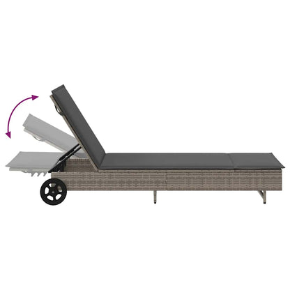 Lettino Prendisole con Ruote e Cuscino in Polyrattan Grigio - homemem39