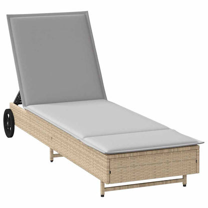 Lettino Prendisole con Ruote e Cuscino in Polyrattan Beige