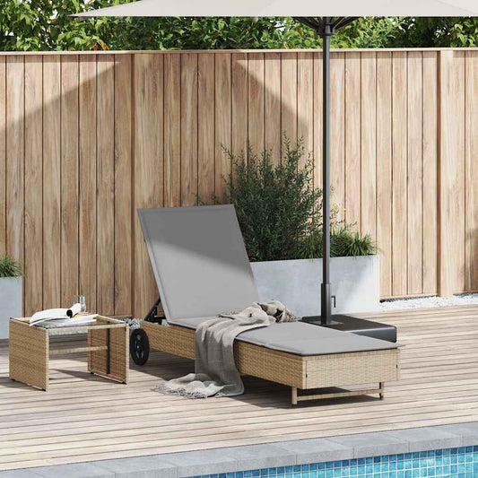 Lettino Prendisole con Ruote e Cuscino in Polyrattan Beige - homemem39