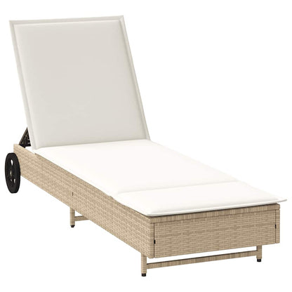 Lettino Prendisole con Ruote e Cuscino in Polyrattan Beige