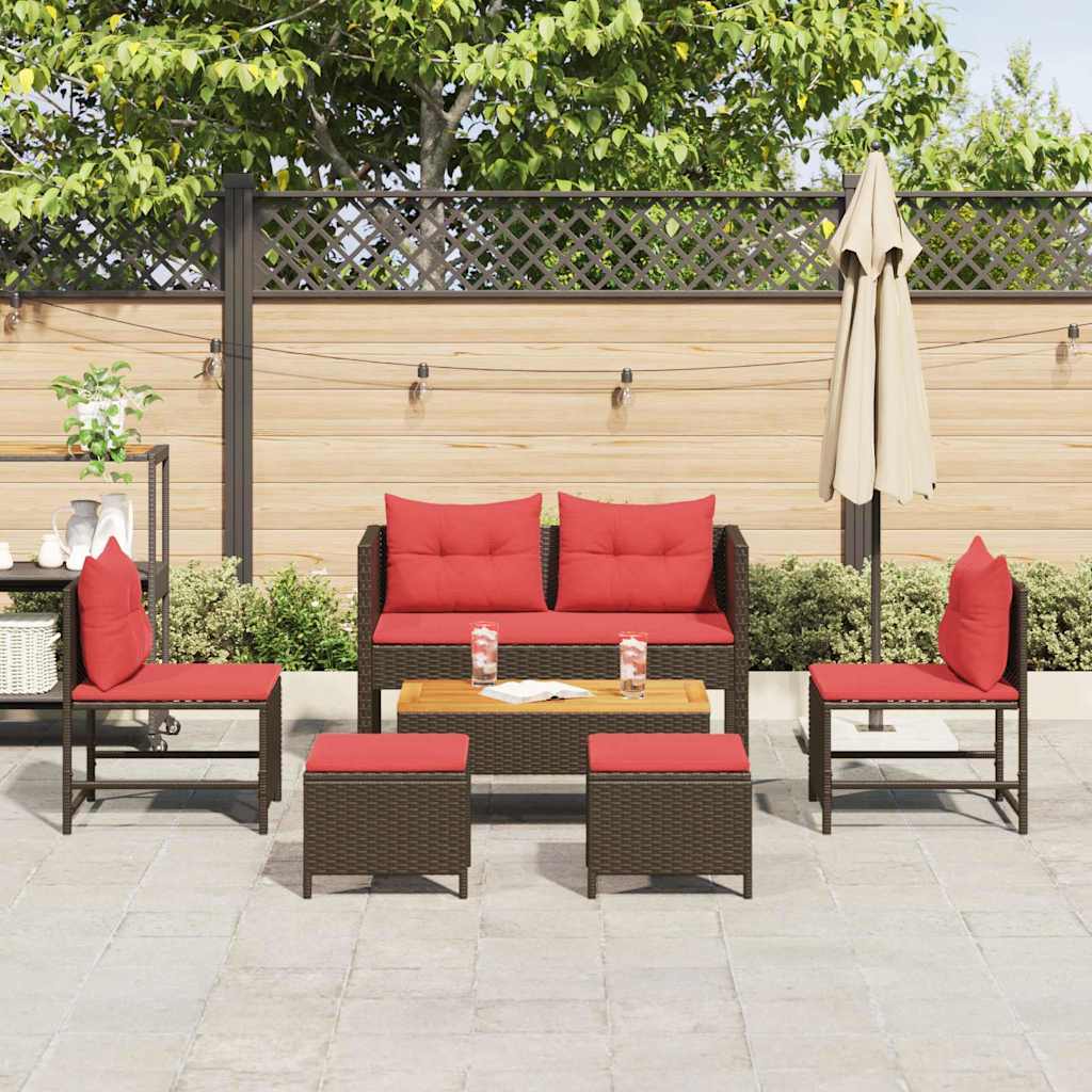 Set Divano da Giardino 6 pz Marrone e Rosso polyrattan