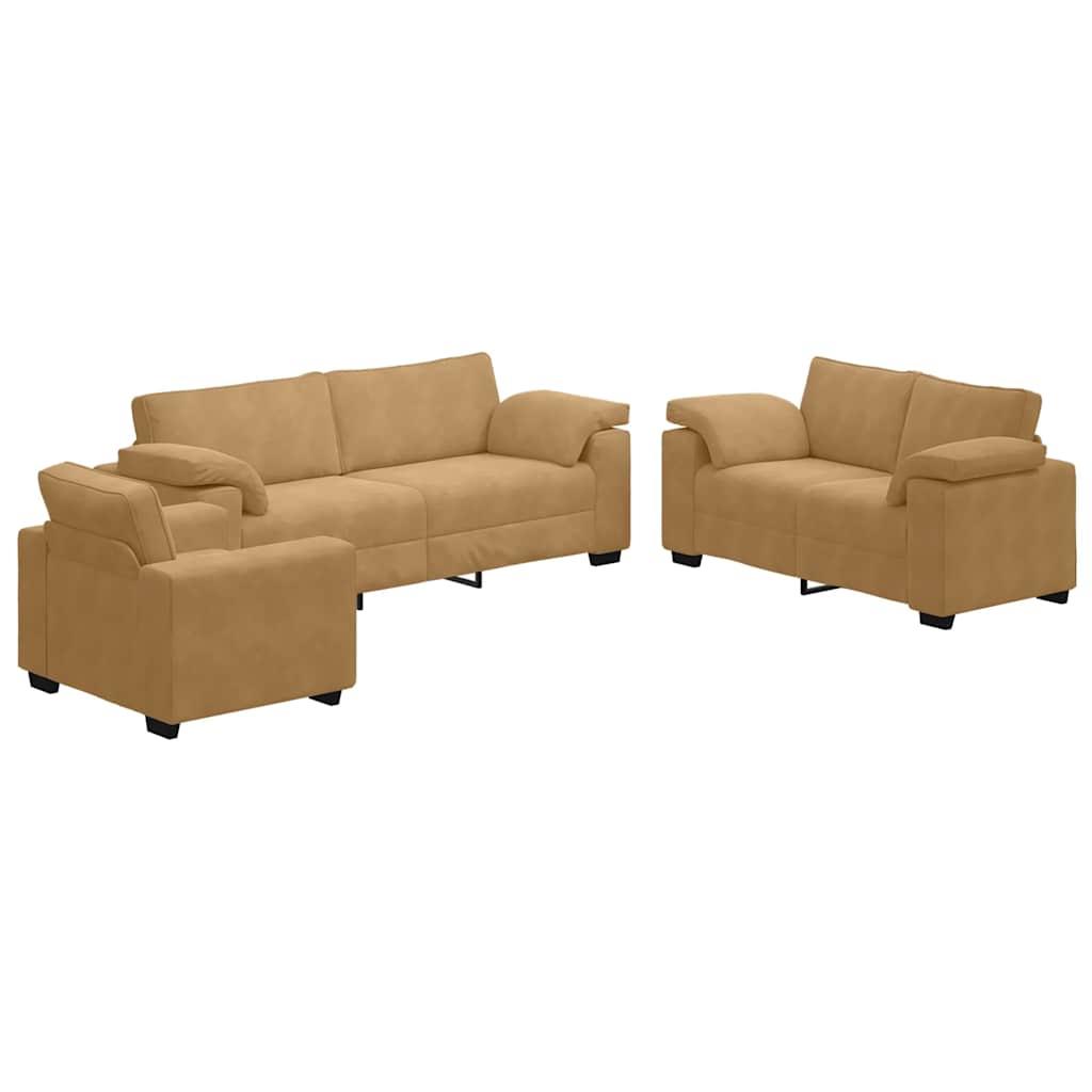 Set di Divani 3 pz con Cuscini Marrone in Velluto