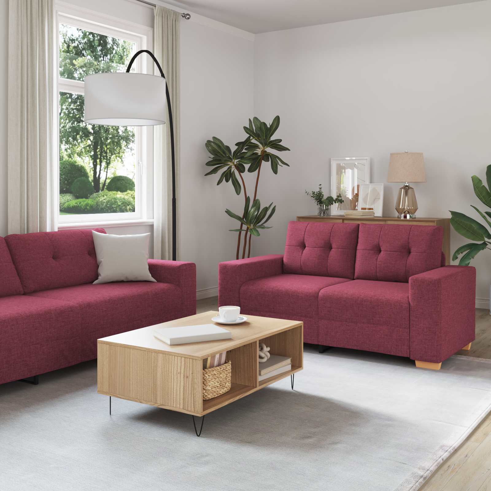 Divano 2 pcs Rosso Vino 221 x 80 x 80 cm Tessuto misto lino | homemem39