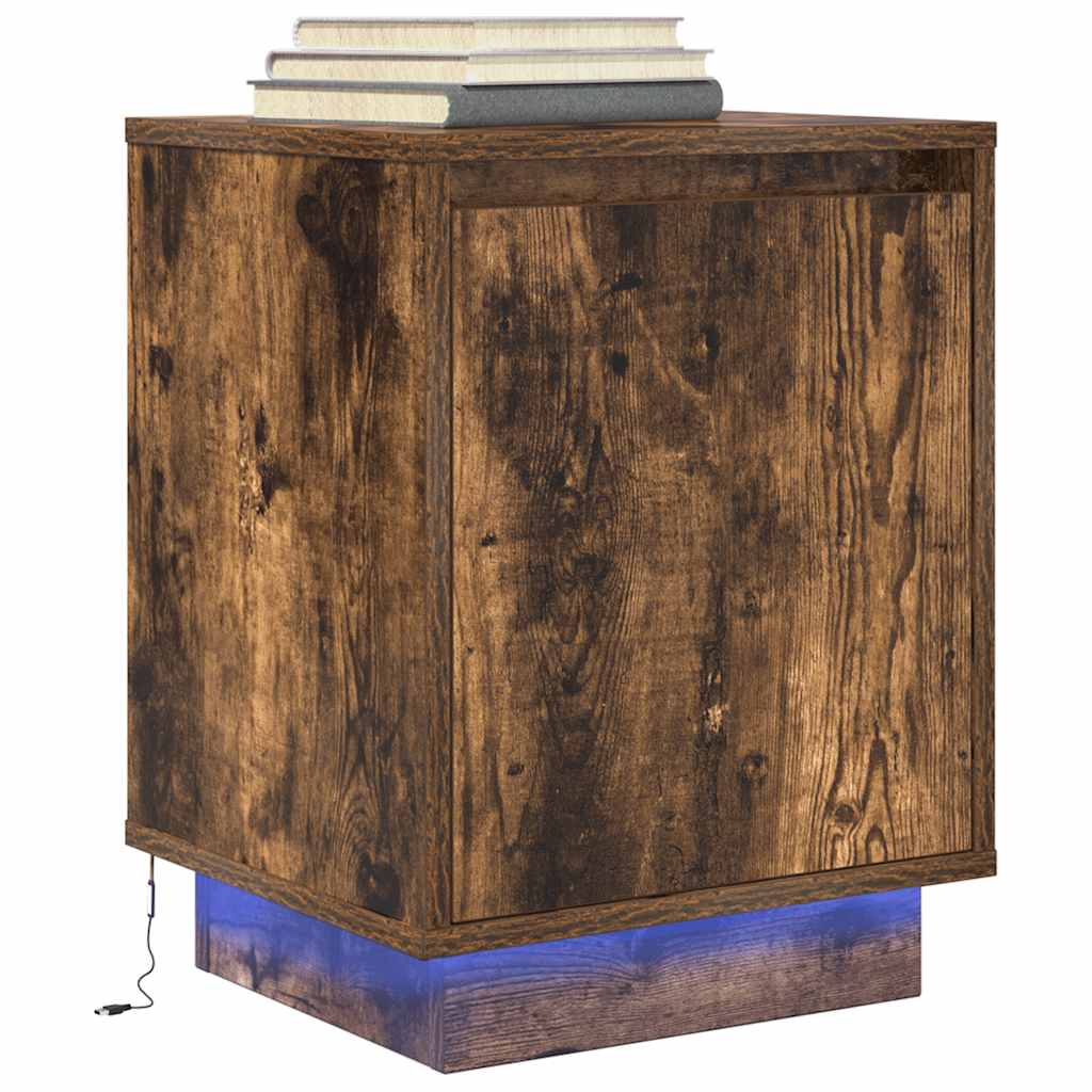 Comodino con Luci LED Rovere Fumo 38x34x50 cm