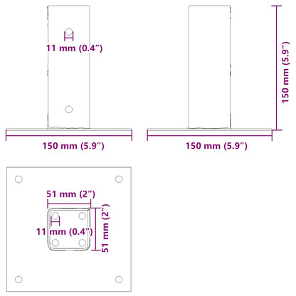 Basi per Pali Quadrate 4 pz Argento 51x51 mm in Acciaio Zincato | homemem39