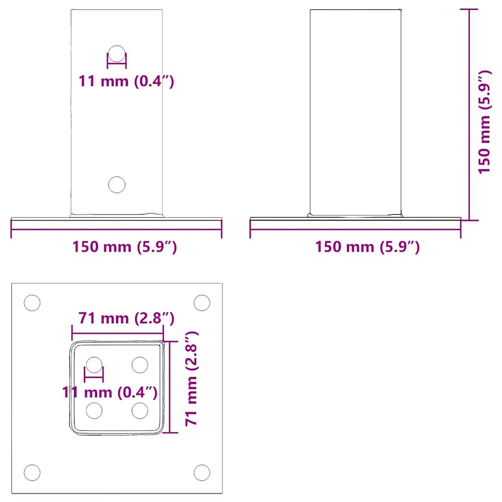 Basi per Pali Quadrate 4 pz Argento 71x71 mm in Acciaio Zincato | homemem39