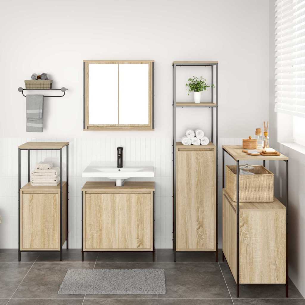 Set di mobili per il bagno con porta 5 pcs Rovere Sonoma e Nero | homemem39