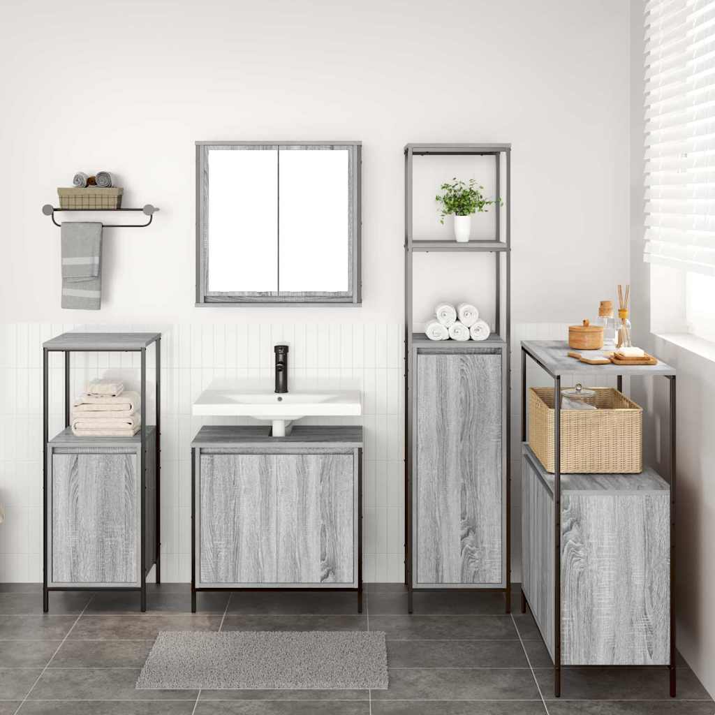 Set di mobili per il bagno con porta 5 pcs Grigio Sonoma e Nero | homemem39