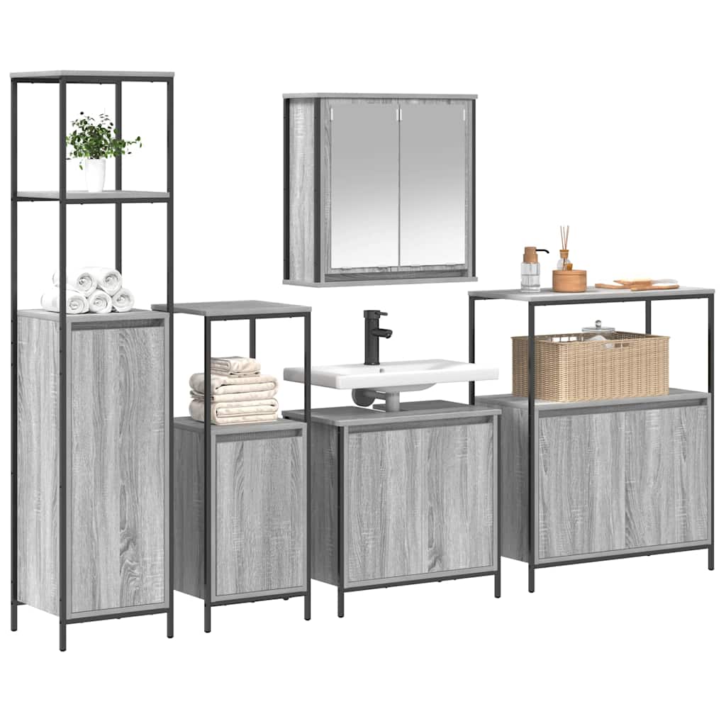 Set di mobili per il bagno con porta 5 pcs Grigio Sonoma e Nero | homemem39