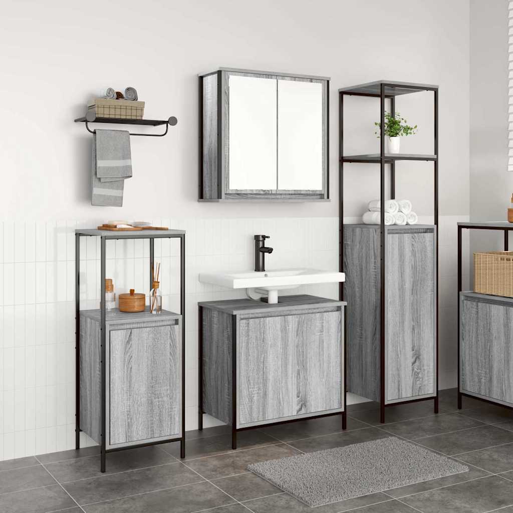 Set di mobili per il bagno con porta 3 pcs Grigio Sonoma e Nero | homemem39