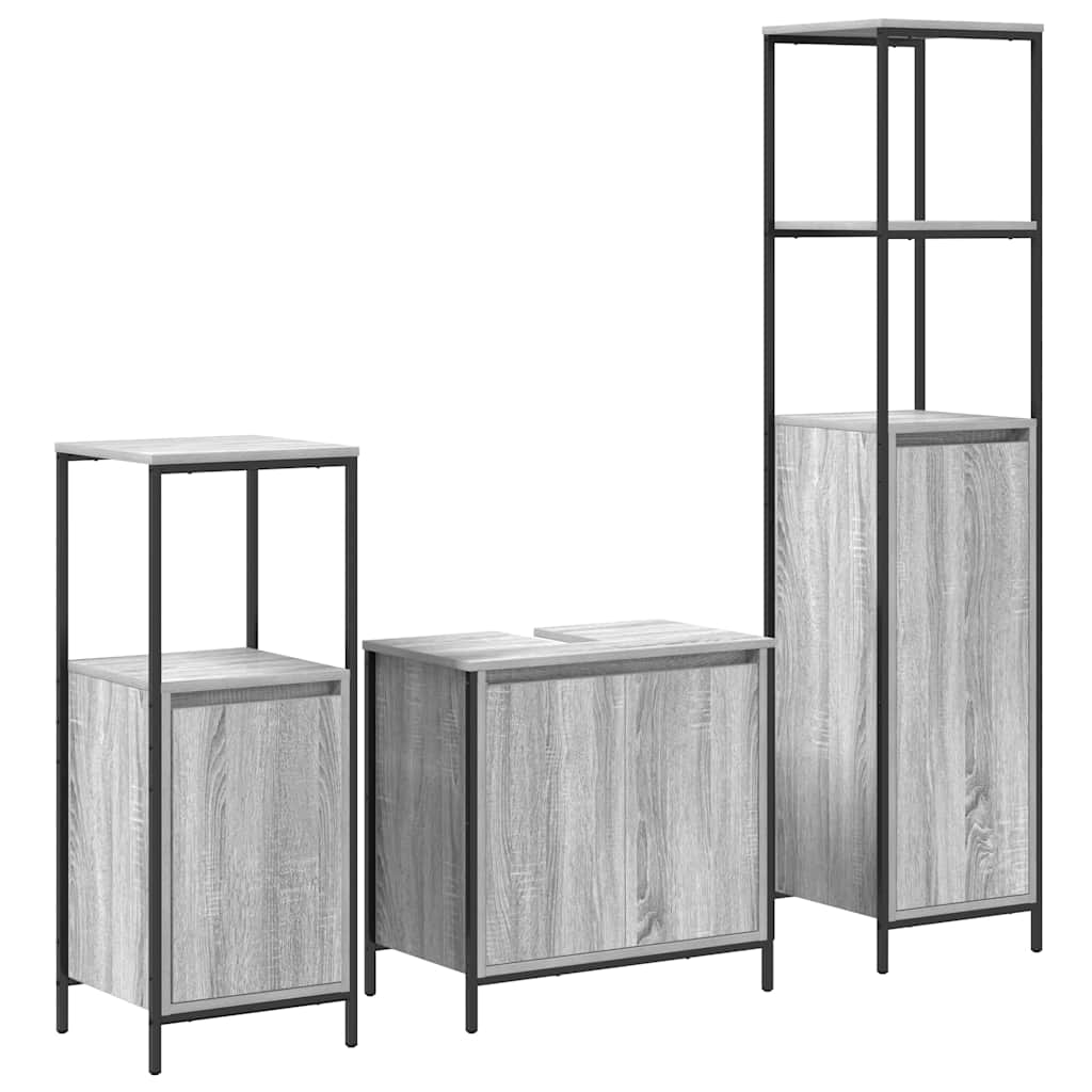 Set di mobili per il bagno con porta 3 pcs Grigio Sonoma e Nero | homemem39