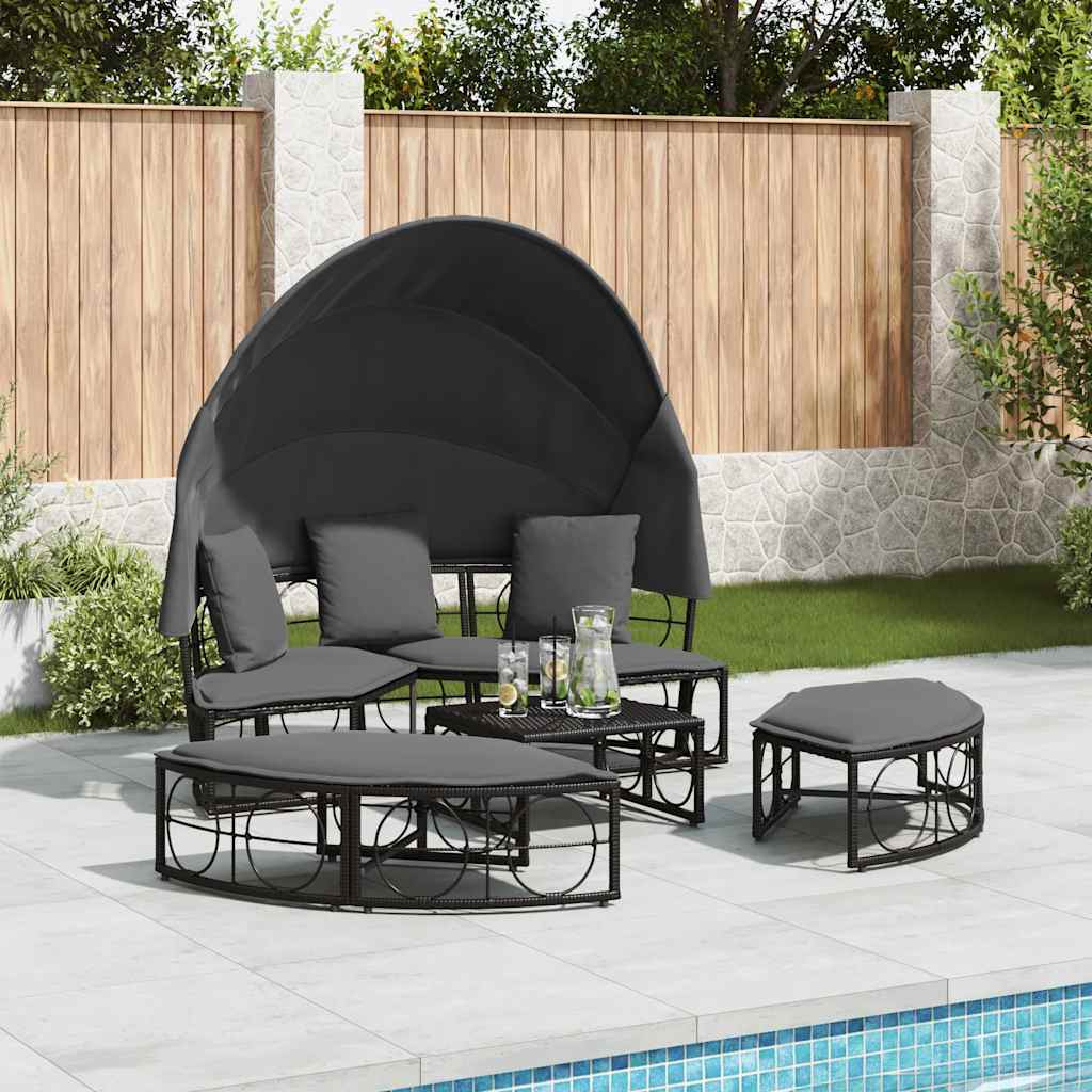 Lettino Prendisole Esterno Tetto e Cuscini Nero in Polyrattan - homemem39