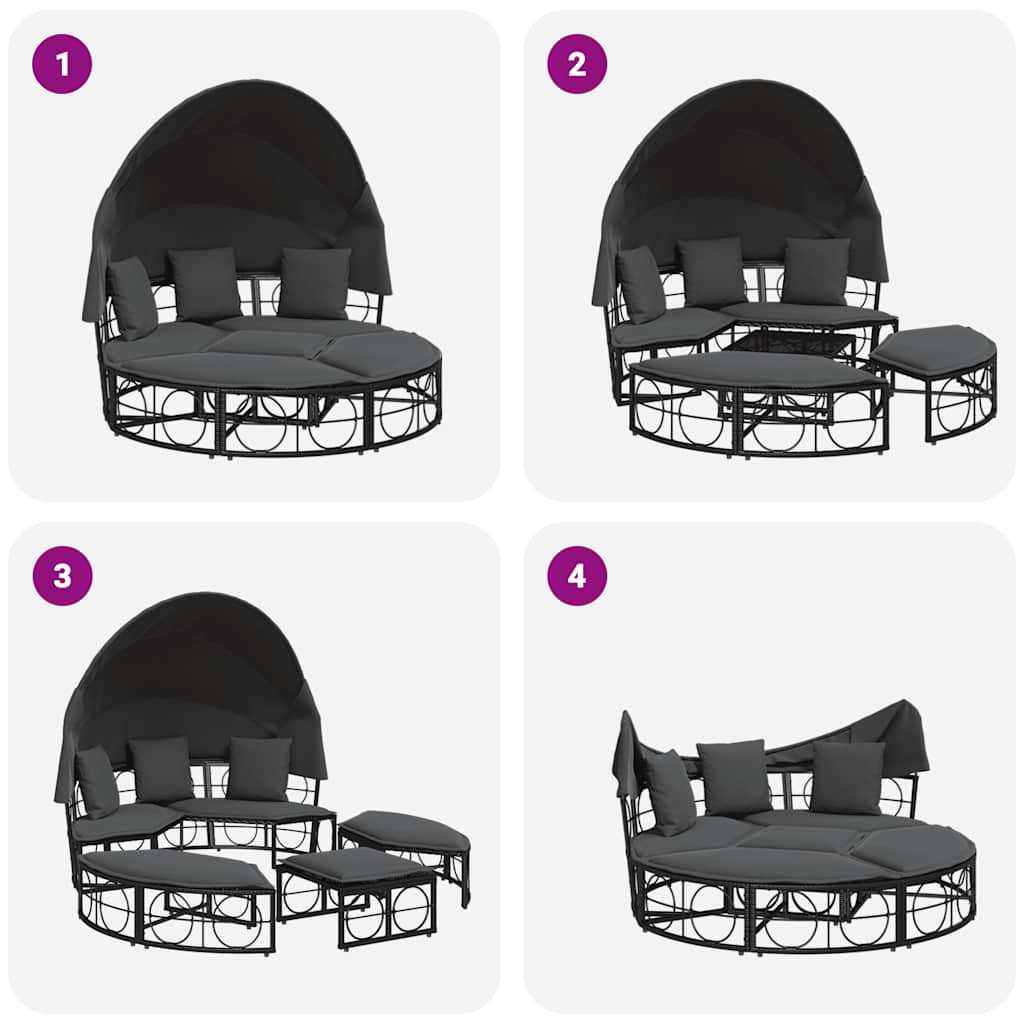 Lettino Prendisole Esterno Tetto e Cuscini Nero in Polyrattan - homemem39
