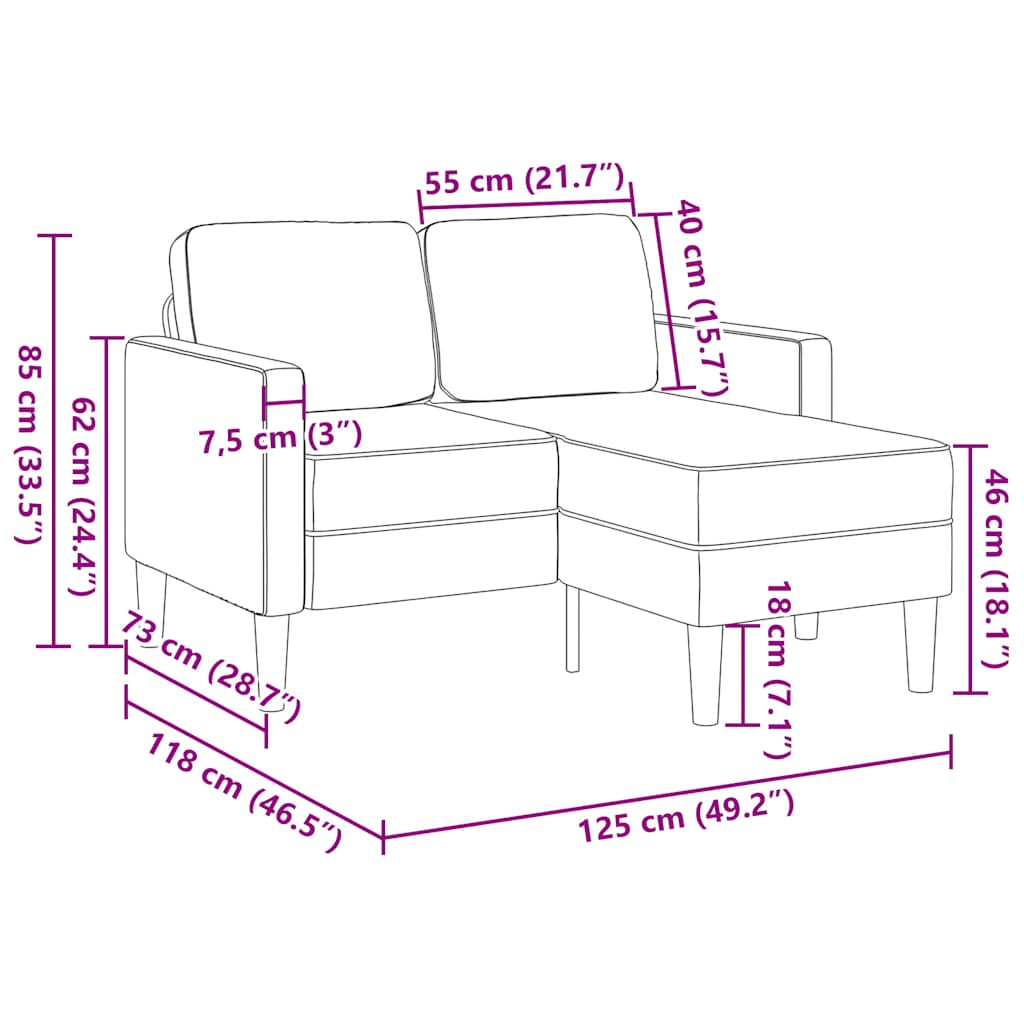 Divano 2 Posti con Chaise a L Grigio Scuro 125 cm in Tessuto