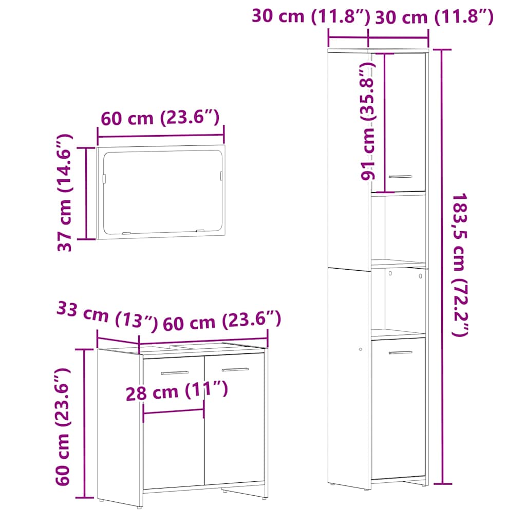 Set Mobili da Bagno 3 pz Legno Antico in Legno Multistrato | homemem39