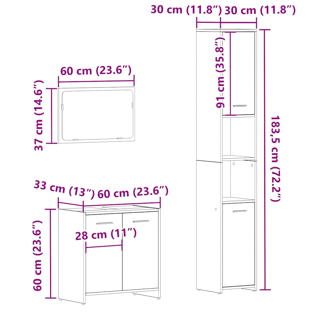 Set Mobili da Bagno 3 pz Rovere Artigianale Legno Multistrato | homemem39