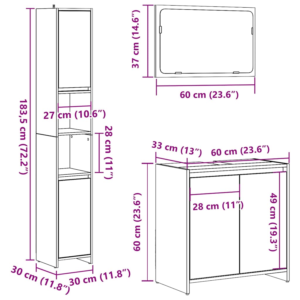 Set Mobili da Bagno 3 pz Rovere Artigianale Legno Multistrato | homemem39
