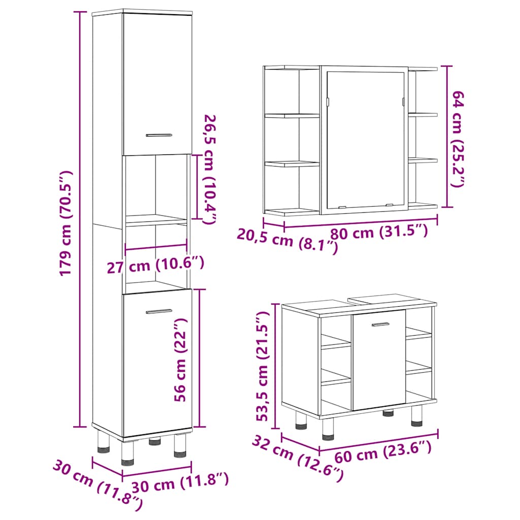Set Mobili da Bagno 3 pz Rovere Artigianale Legno Multistrato | homemem39